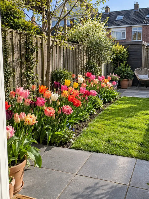 Achtertuin met een border vol gemengde tulpen
