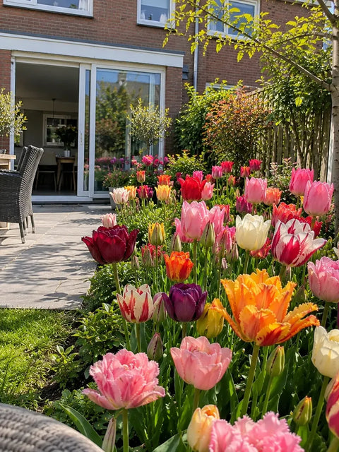 Gemengde tulpen in de border naast het terras