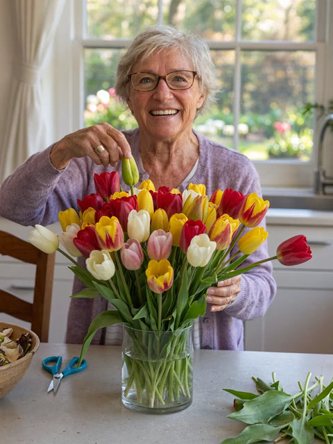 Vrouw zet een boeket gemengde tulpen in een vaas
