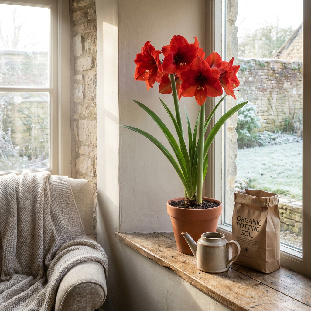 Blooming red amaryllis on a windowsill in a cosy European home, with watering can and potting soil nearby in soft natural winter light.