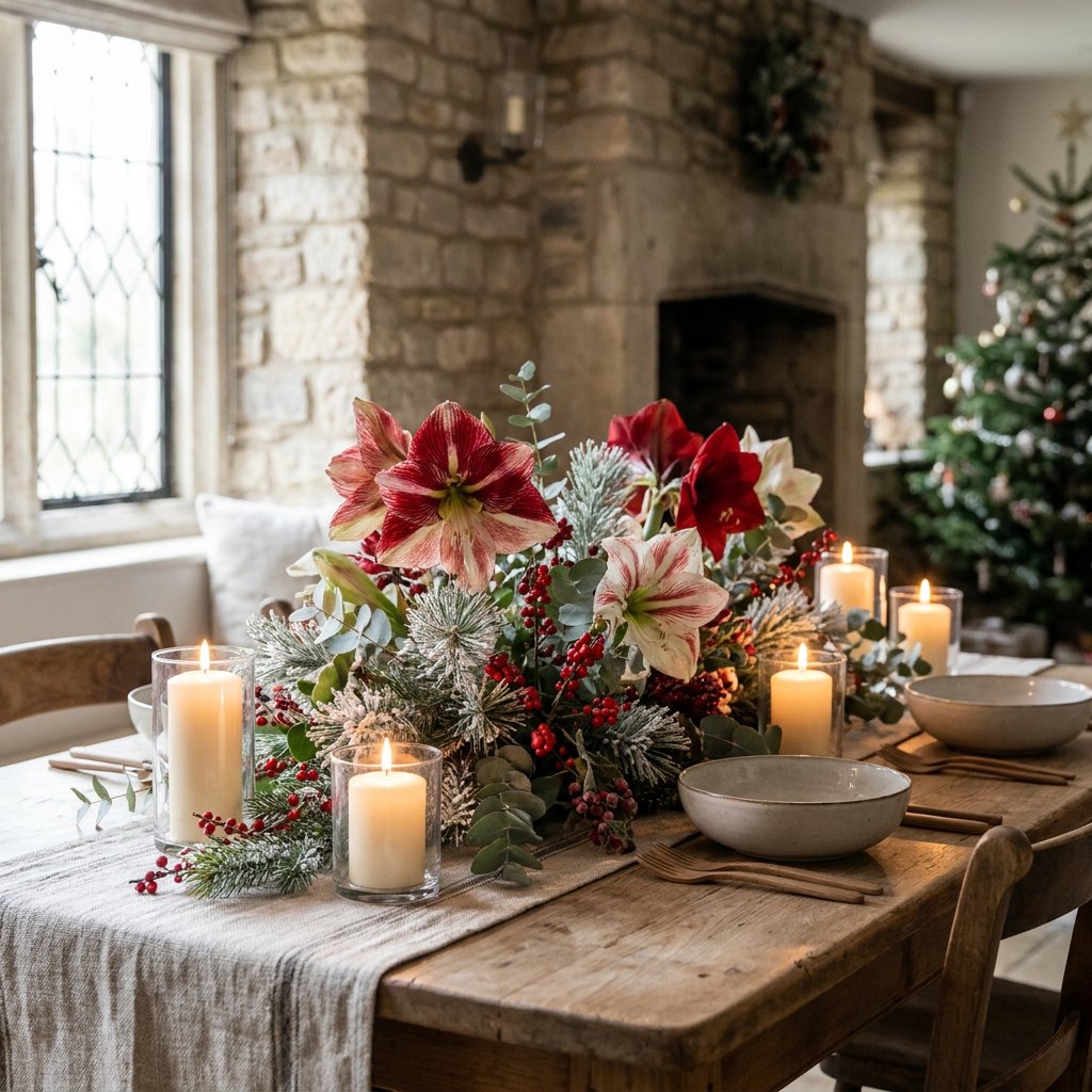 Festive Christmas centerpiece with red and white amaryllis, pine greenery, candles and natural decor styled on a warm European dining table.