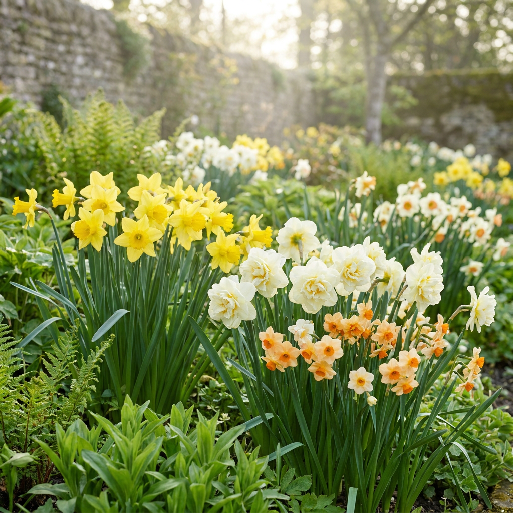 Close-up of several daffodil varieties in a European spring garden, showing trumpet, double and multi-headed blooms in soft natural light.