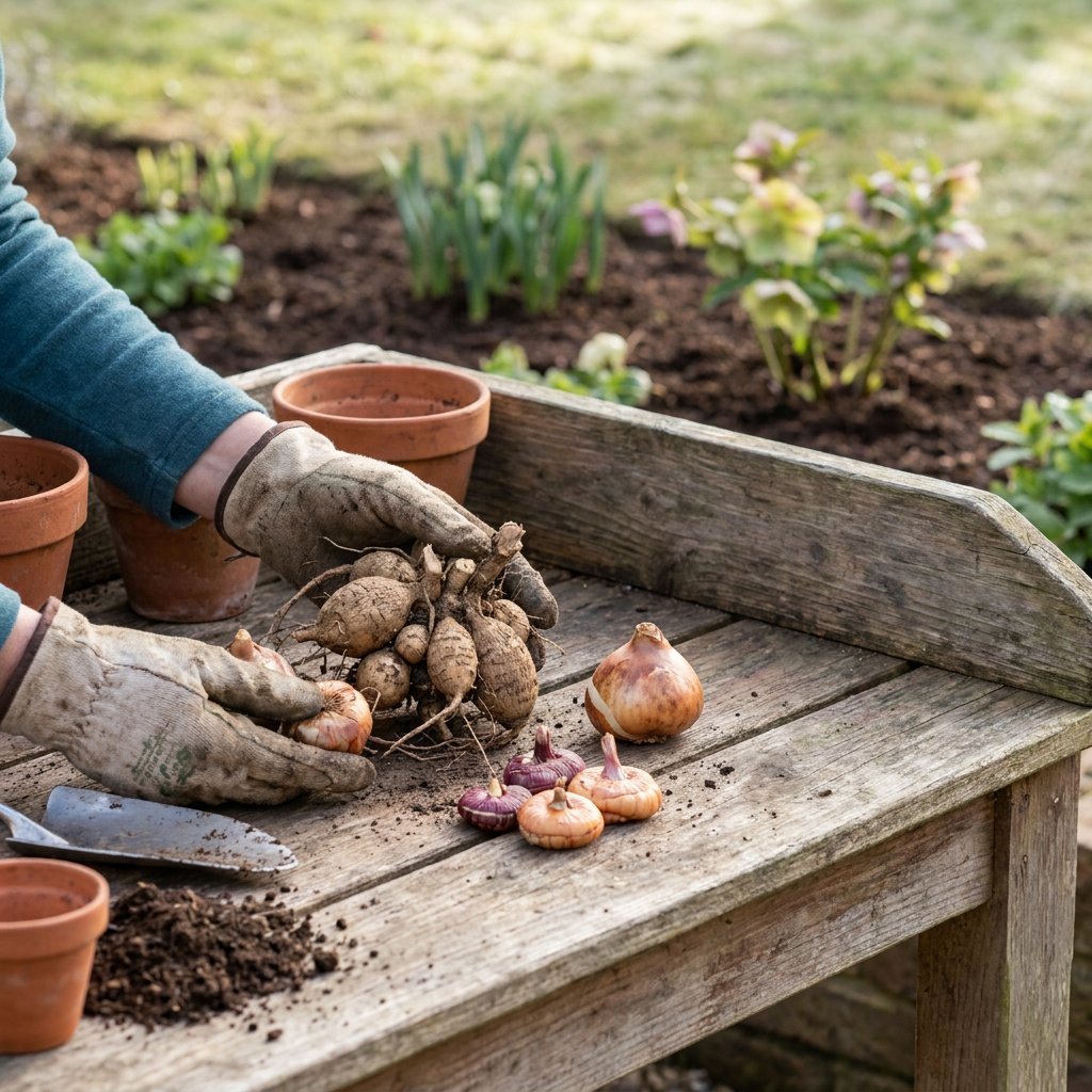 Tuinier toont op een houten tafel een paar bloembollen en knollen naast elkaar in een lichte Europese tuin, klaar om verschil en verzorging uit te leggen.
