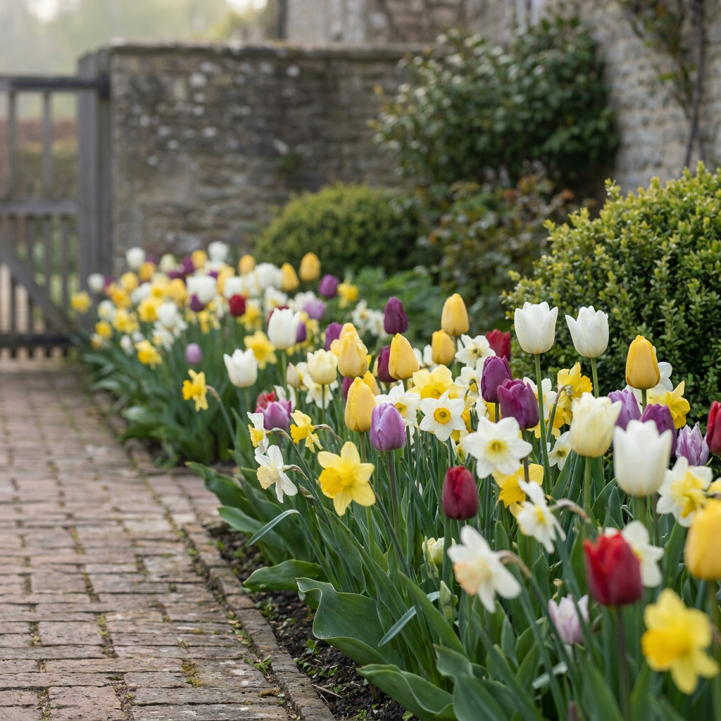 Tulips and daffodils bloom together in a neat spring garden border beside a brick path, lit by soft morning sun in a Western European setting.
