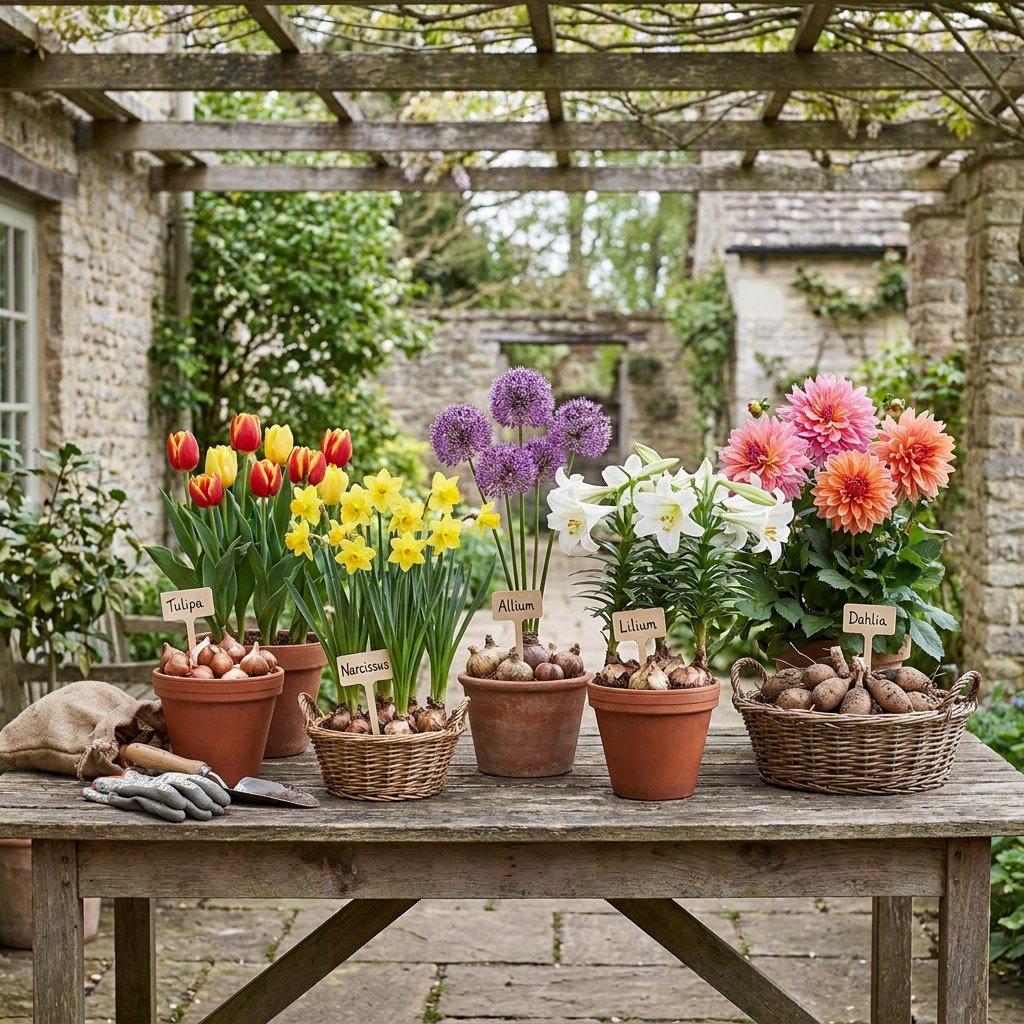 Garden table with tulip, daffodil, allium, lily and dahlia bulbs and flowers arranged in groups, photographed outdoors in soft natural spring light.