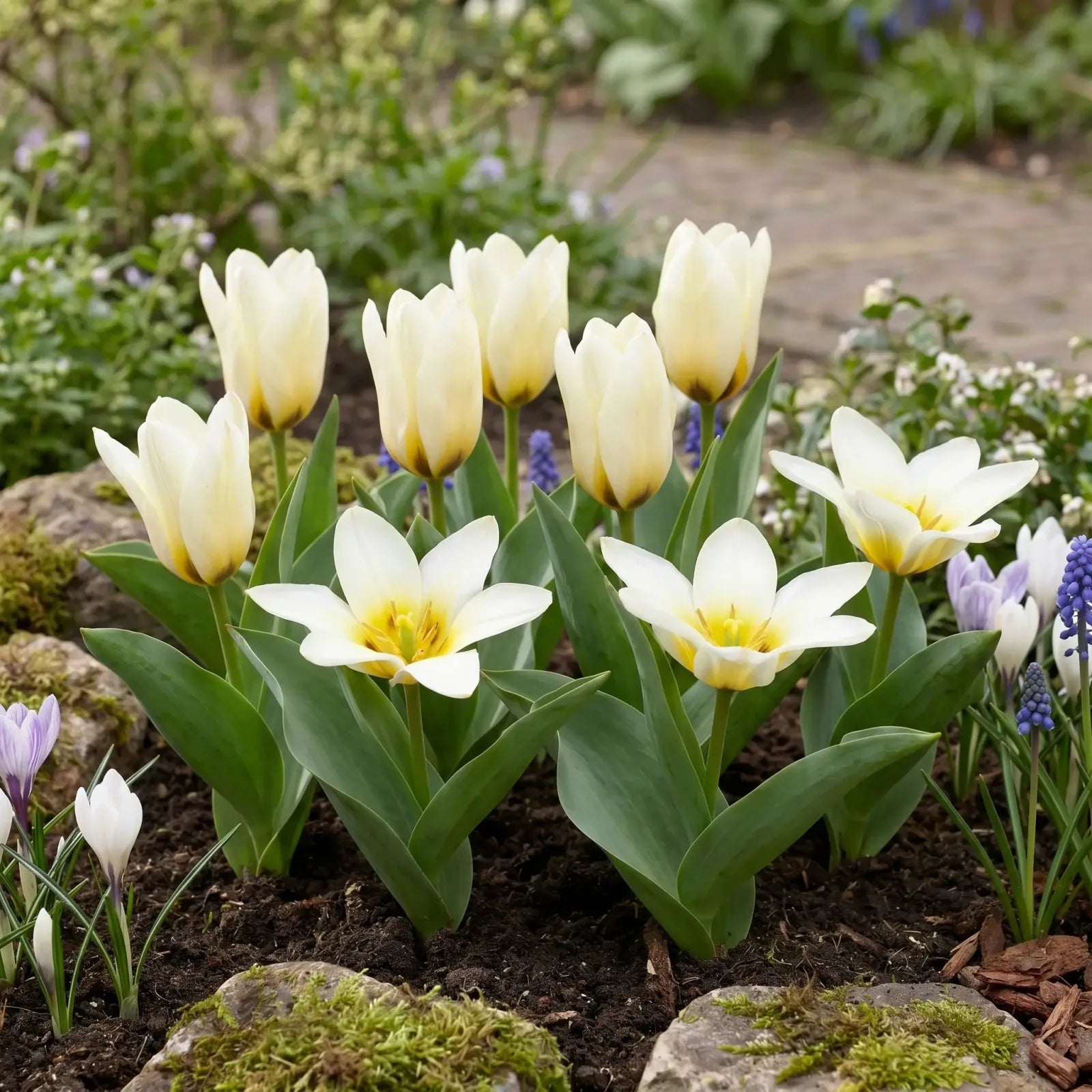 Tulipa Concerto (waterlelie-tulp) in een voorjaarsborder