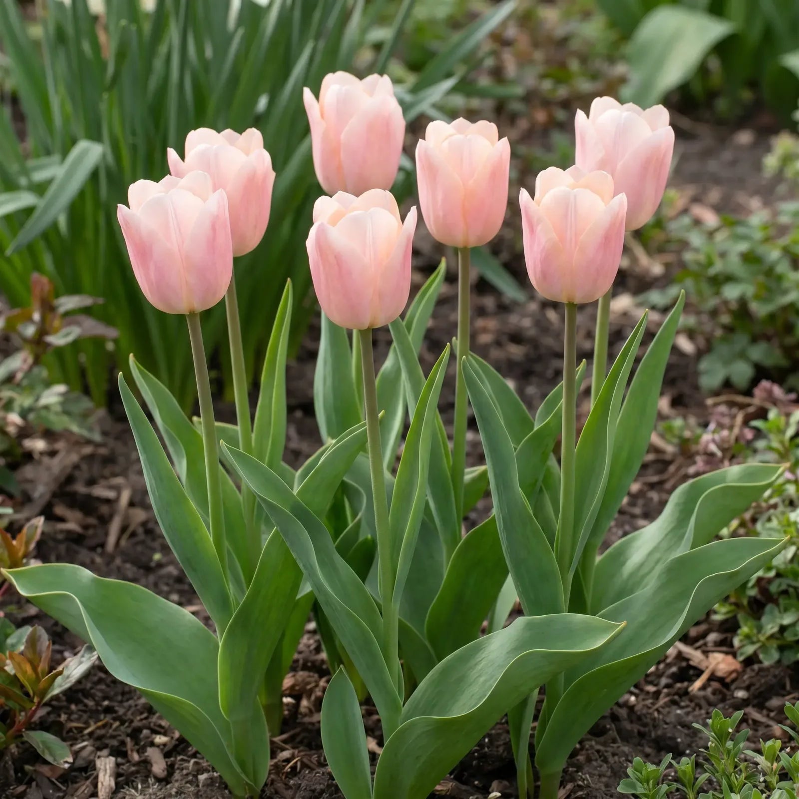 Groep Tulipa Apricot Beauty in een tuinborder