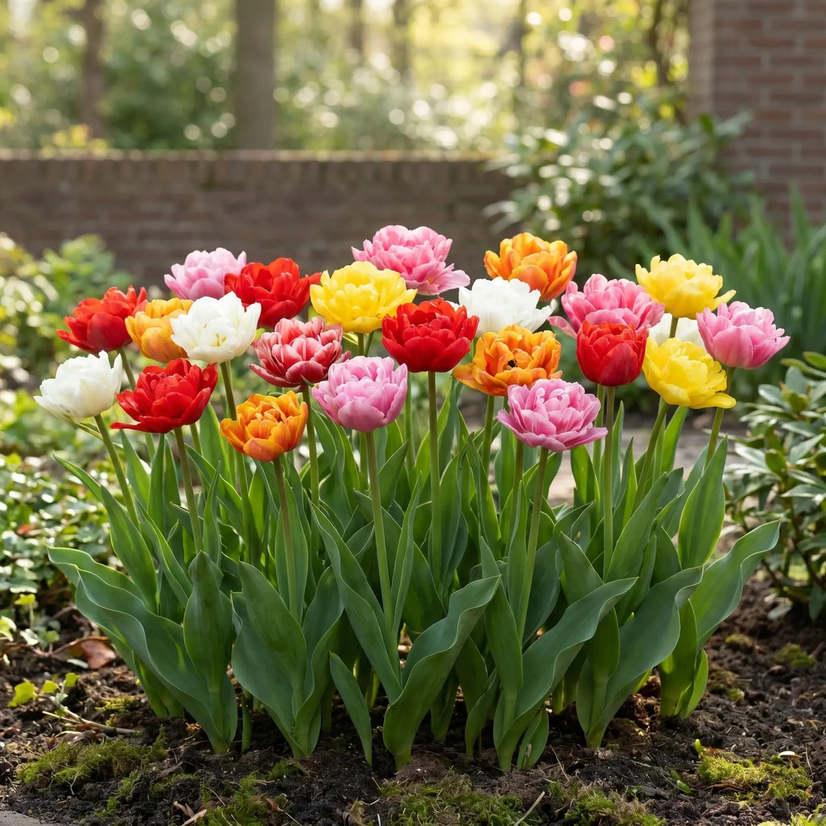 Groep gemengde dubbele vroege tulpen in een tuinborder