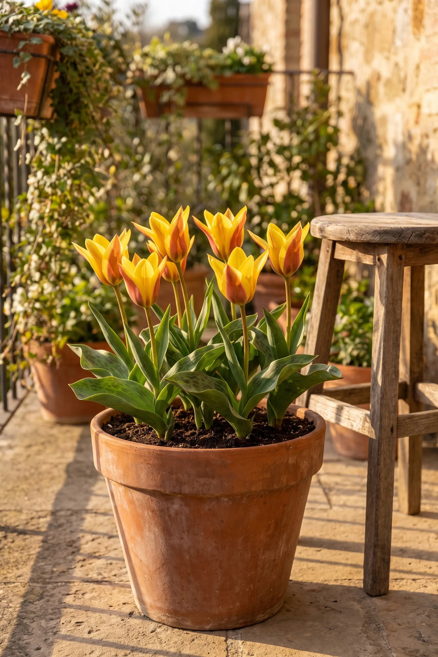 Tulipa Buttercup in een pot op een terras