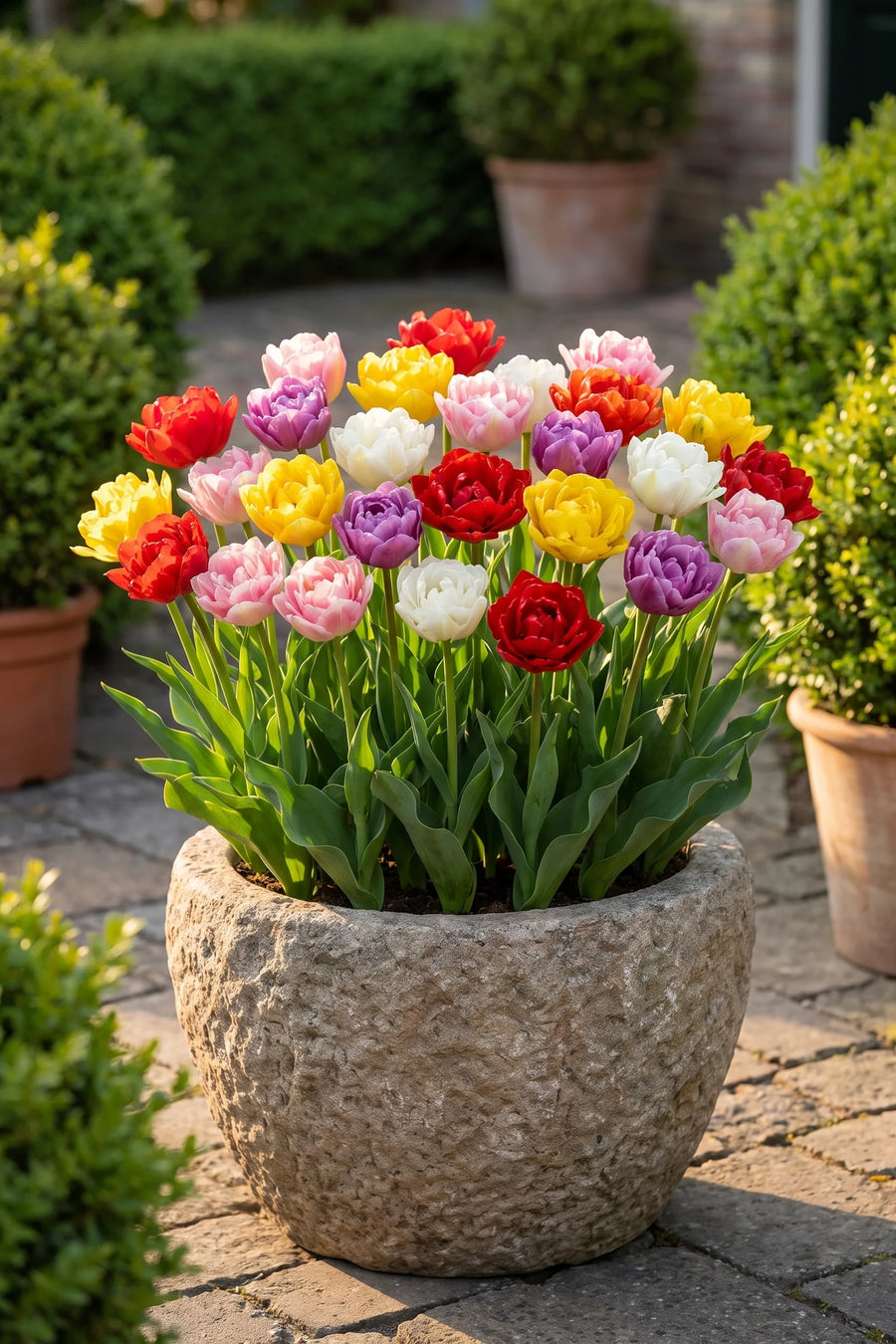 Tulipa Double Early Mixed in een pot op een terras