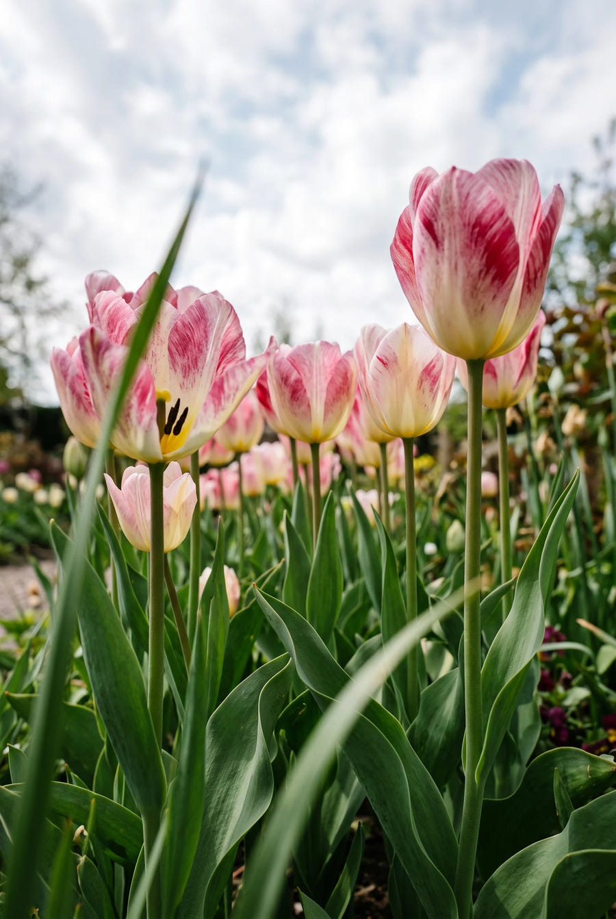Tulipa Flaming Purissima — vanuit een lage hoek
