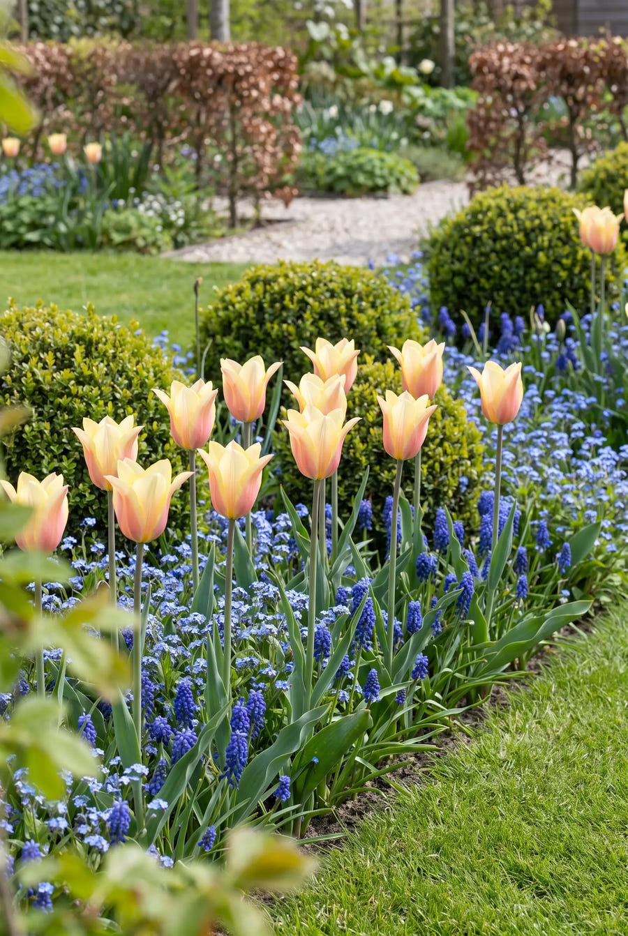 Tulipa Blushing Lady groep in de tuinborder