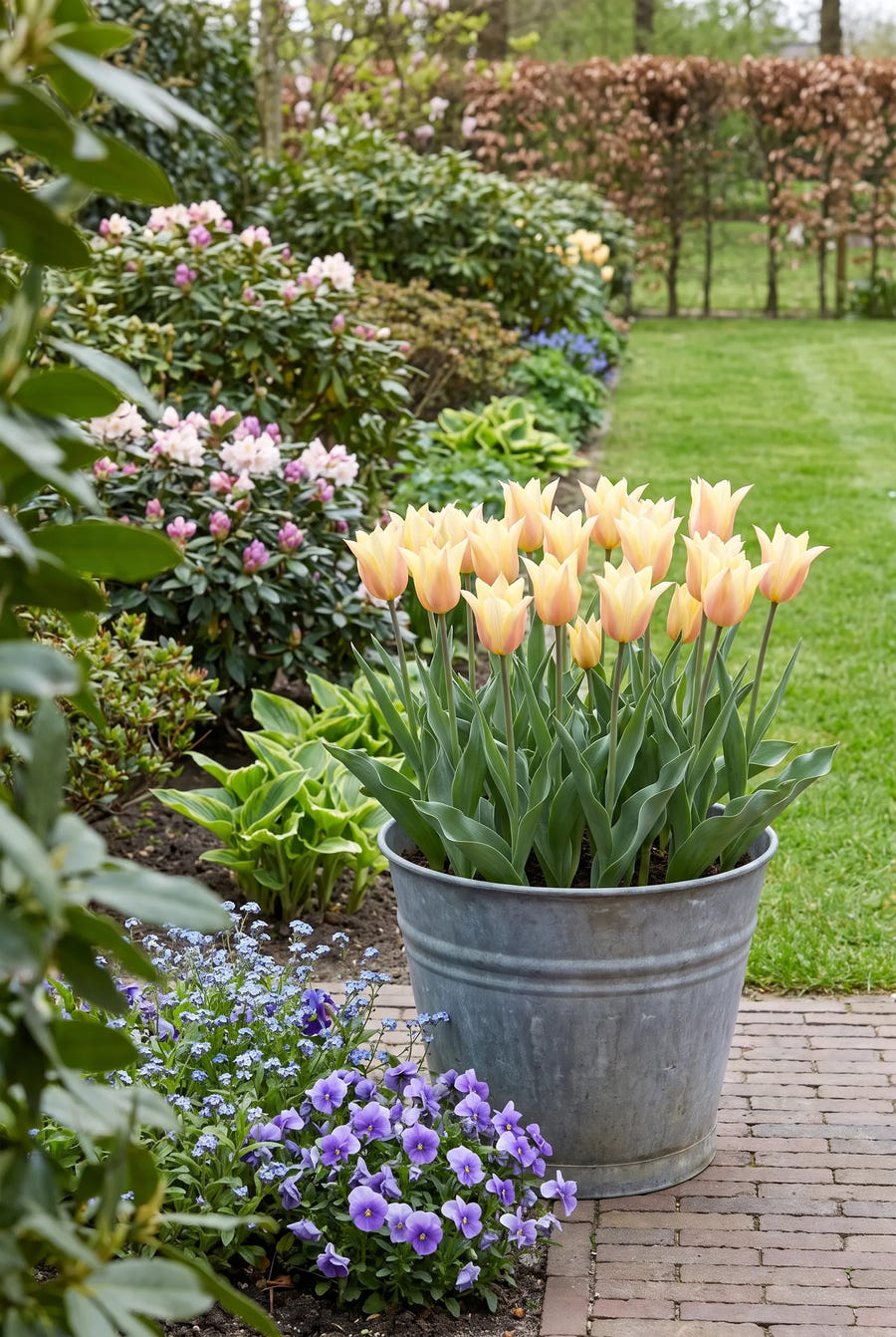 Tulipa Blushing Lady in pot op terras