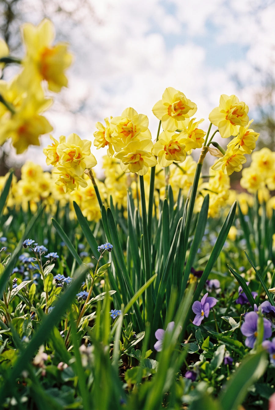Narcissus Yellow Cheerfullness — vanuit een lage hoek