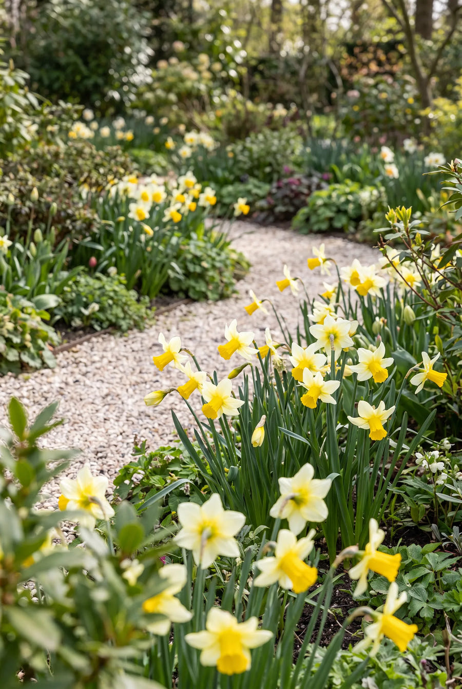 Narcissus Mother Duck — groep in de tuinborder