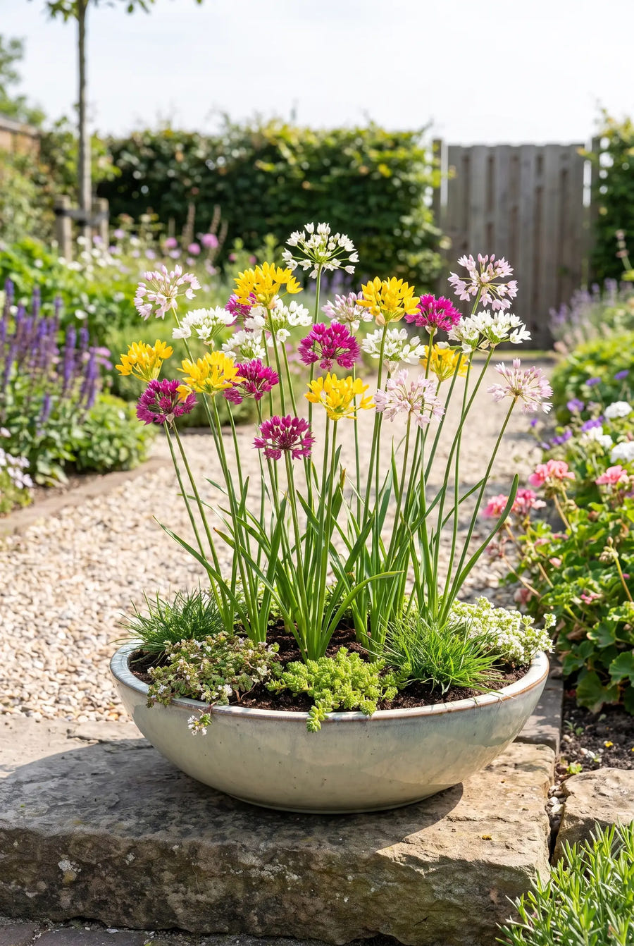 Allium Small Flowering Mixed — in pot op terras