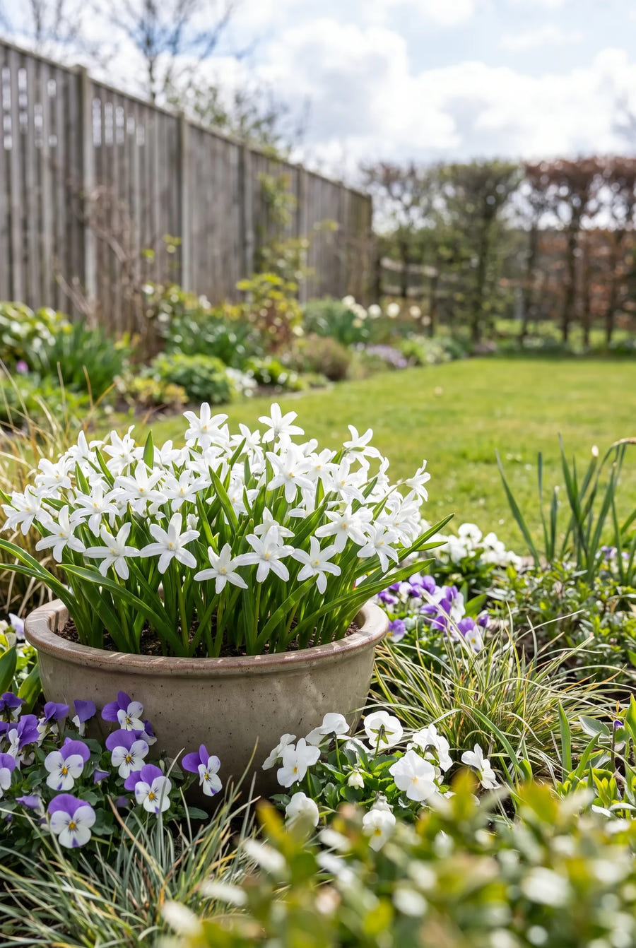 Chionodoxa Luciliae Alba — in pot op terras