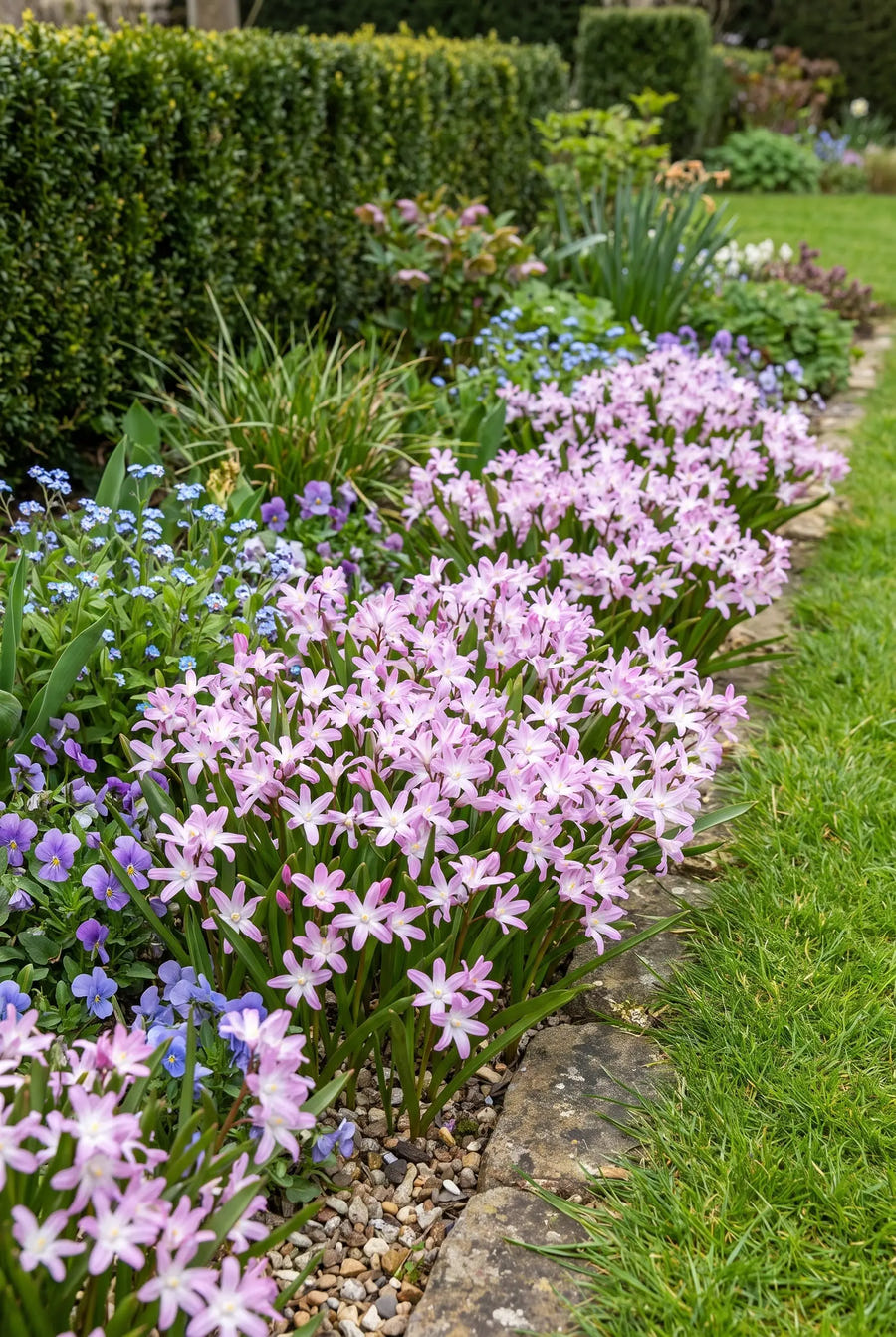 Chionodoxa Pink Giant — groep in de tuinborder