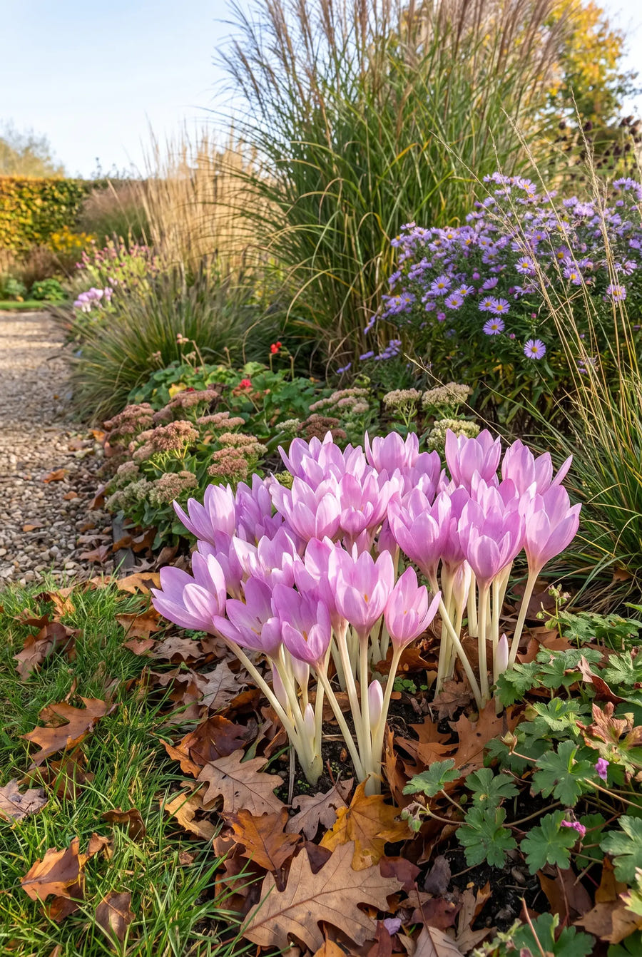 Colchicum Giant — groep in de tuinborder