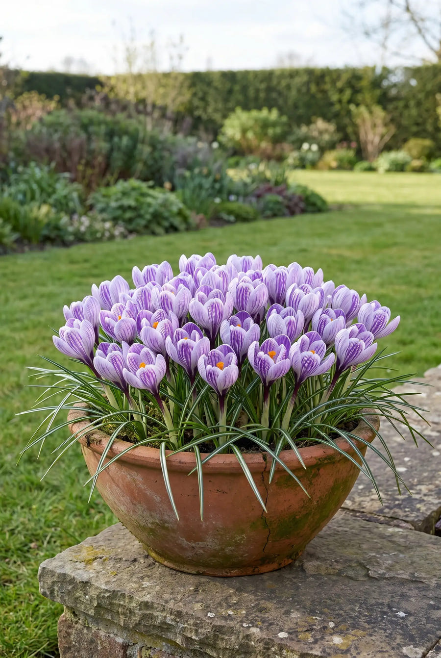 Crocus Pickwick — in pot op terras