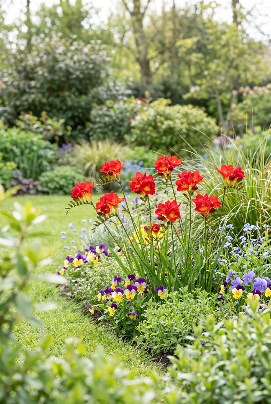 Freesia Red — groep in de tuinborder