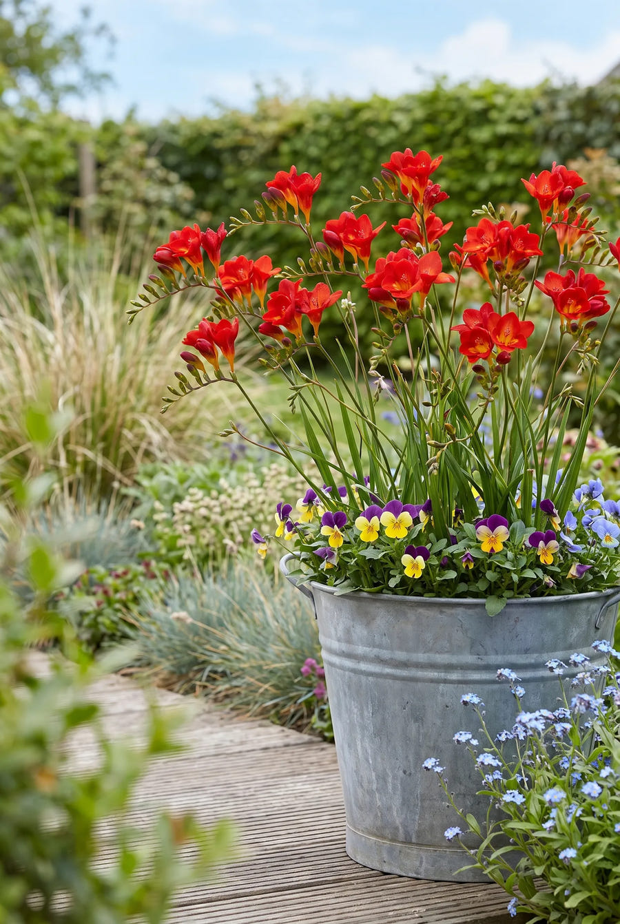Freesia Red — in pot op terras