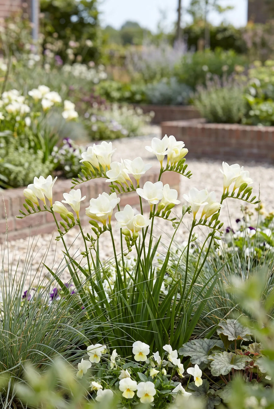 Freesia White — groep in de tuinborder