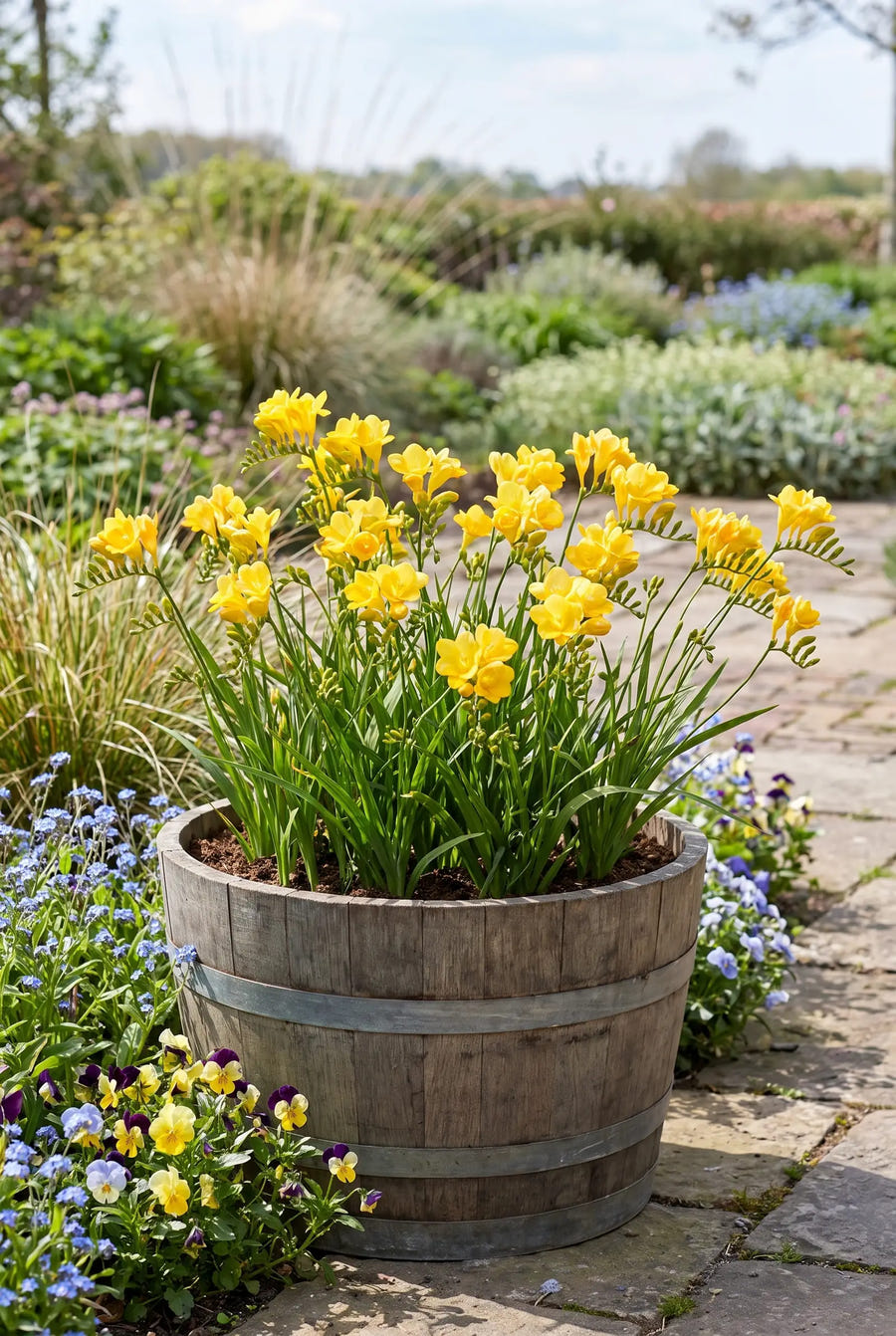 Freesia Yellow — in pot op terras