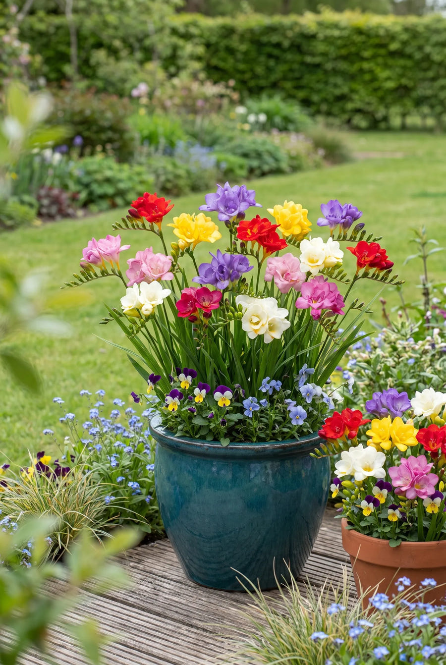 Freesia Double Mixed — in pot op terras