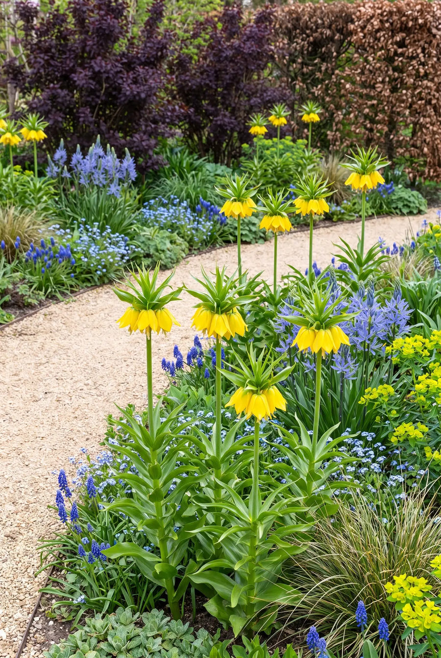 Fritillaria Lutea — groep in de tuinborder