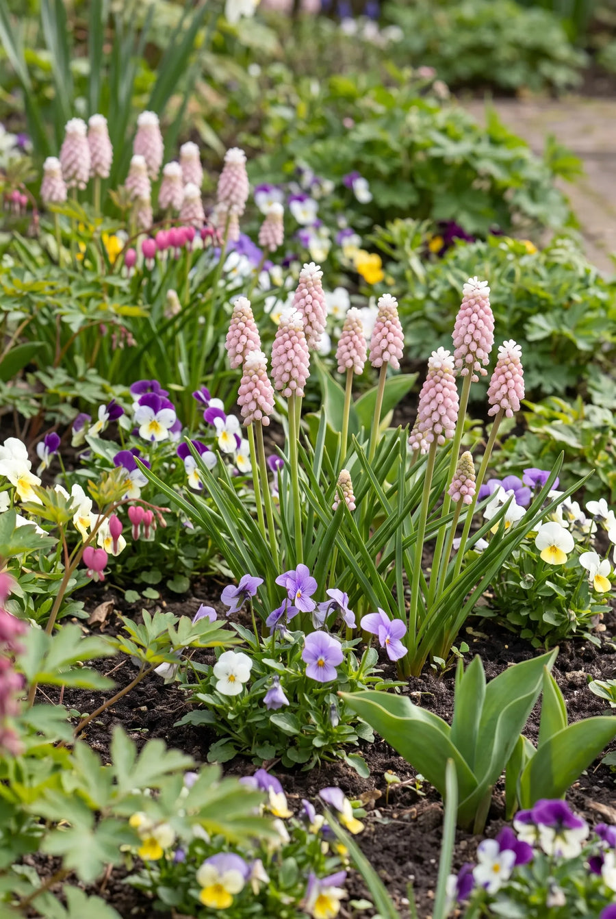 Muscari Pink Sunrise — groep in de tuinborder