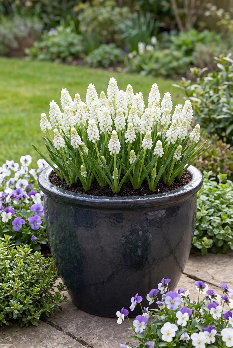 Muscari White Magic — in pot op terras