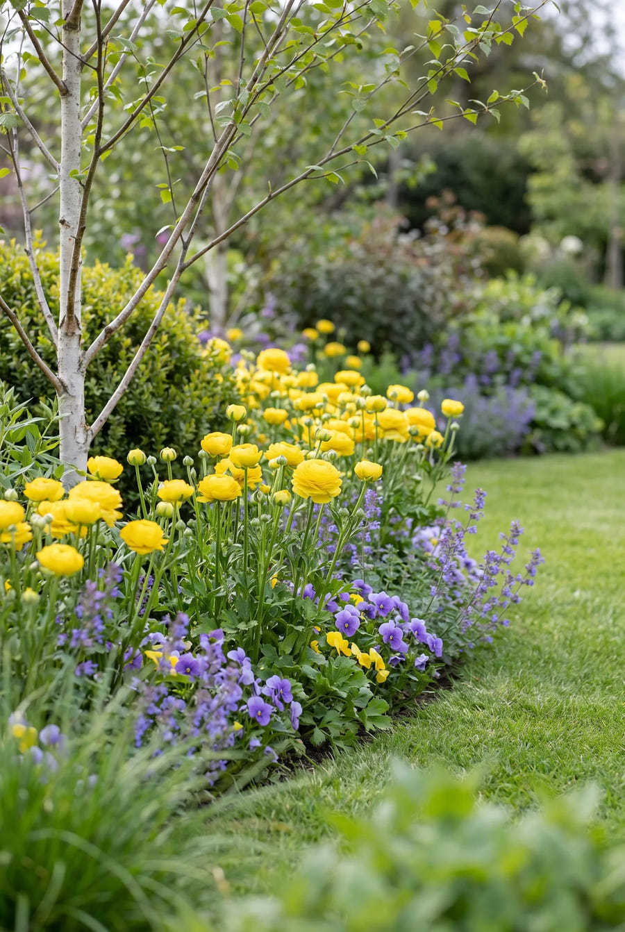 Ranunculus Yellow — groep in de tuinborder
