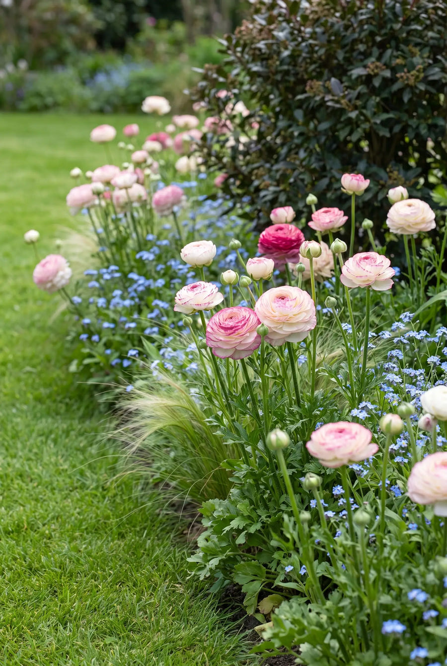 Ranunculus Picotee Rose — groep in de tuinborder