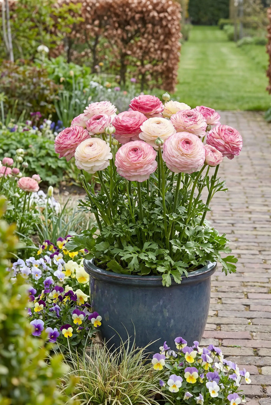 Ranunculus Picotee Rose — in pot op terras