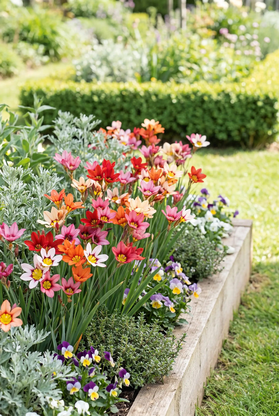 Sparaxis Tricolor Mixed — groep in de tuinborder