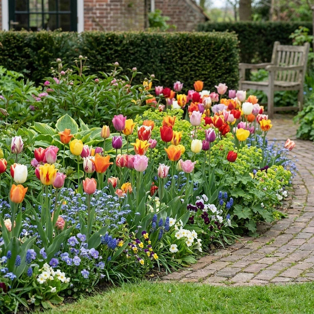 Massif néerlandais plein de tulipes mélangées le long d'une allée en briques, avec des myosotis et des muscaris devant