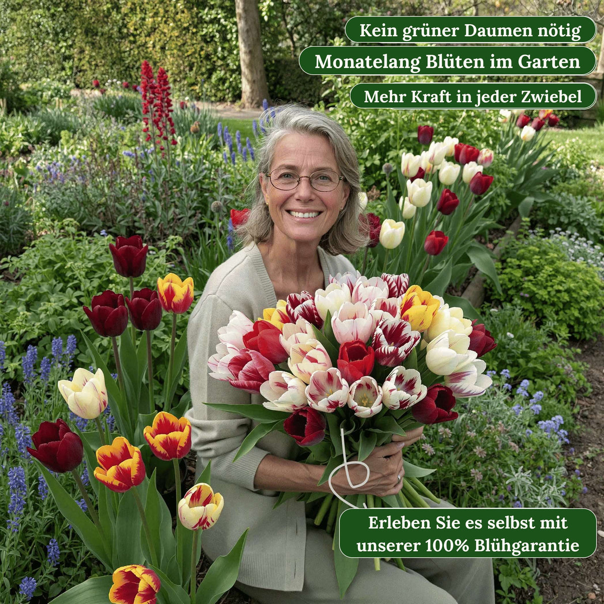 Frau in ihrem Frühlingsgarten mit einem großen Strauß selbst gepflückter Tulpen