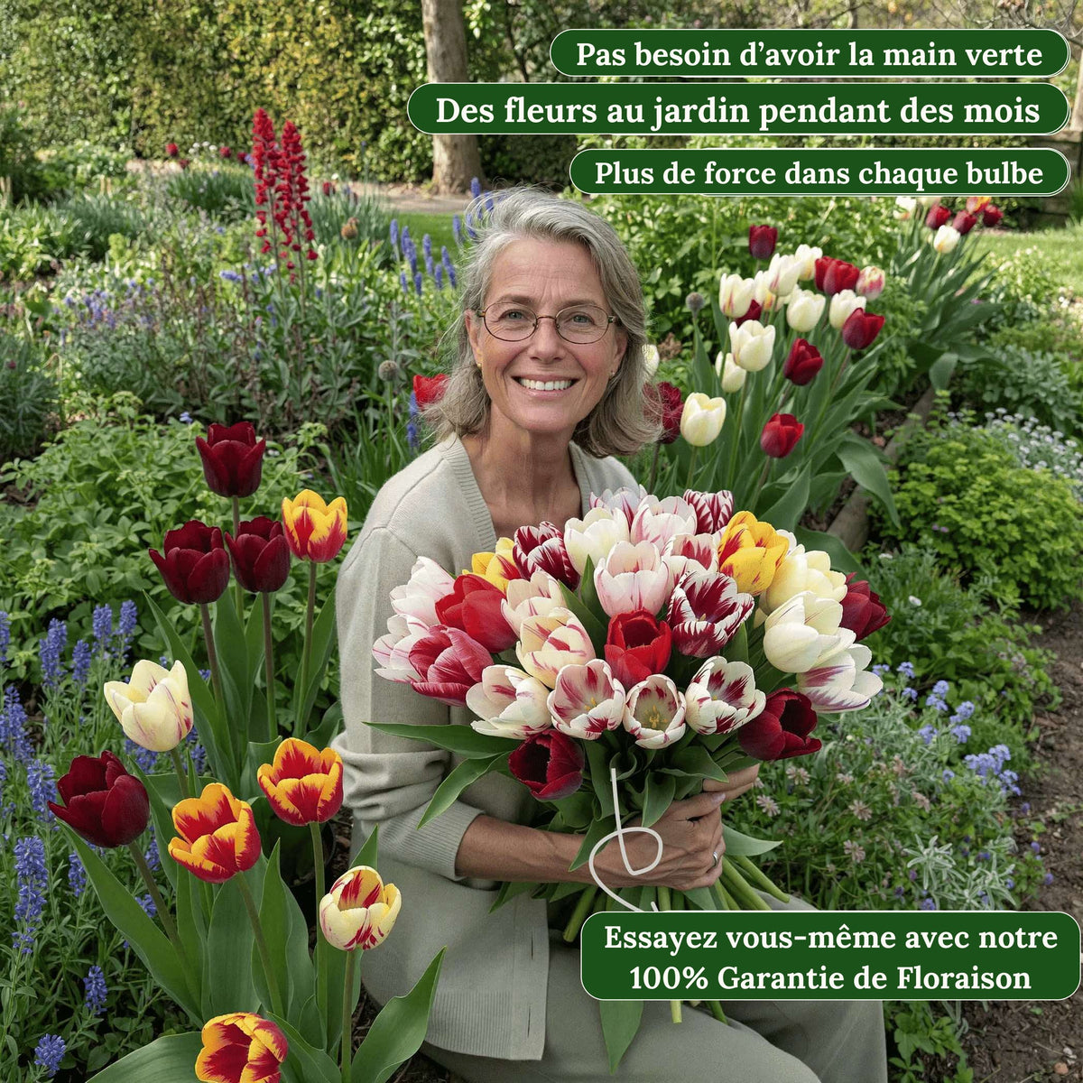 Femme dans son jardin de printemps avec un grand bouquet de tulipes qu'elle a cueillies elle-même