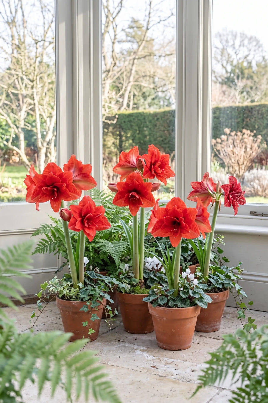 Hippeastrum Cherry Nymph — groep in de tuinborder, extra beeld
