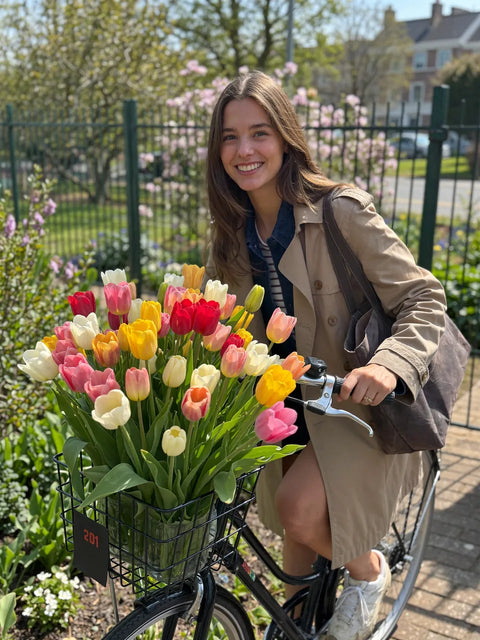 Vrouw met een fietsmand vol gemengde tulpen