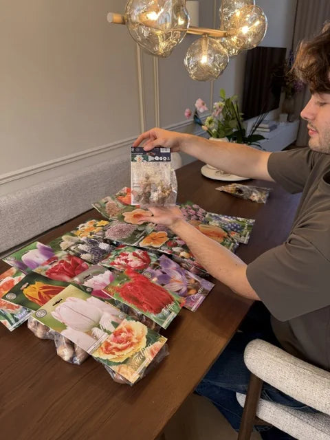 Man pakt bloembollen uit aan de eettafel