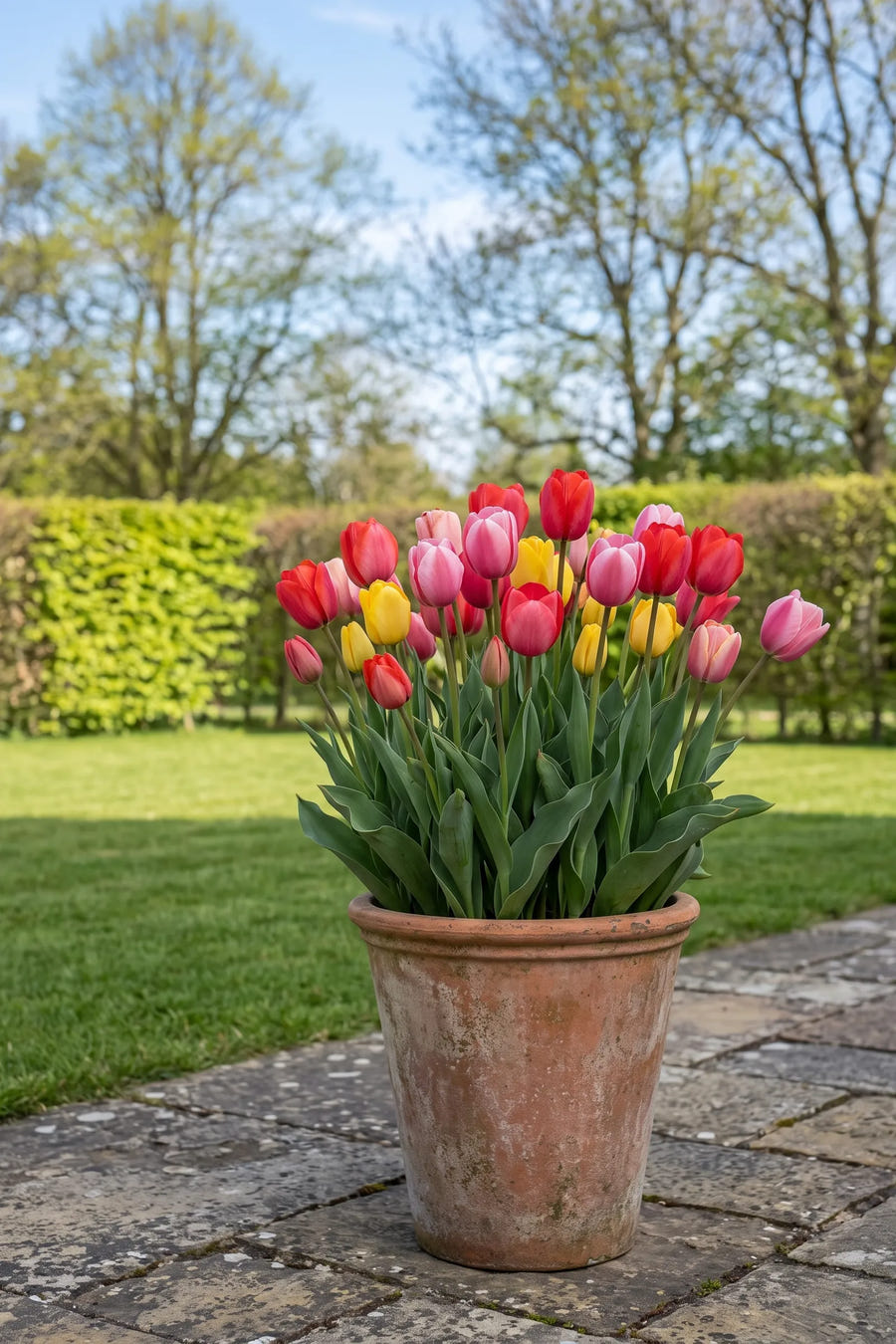 Tulipa Darwin Hybrid Mixed — in pot op terras