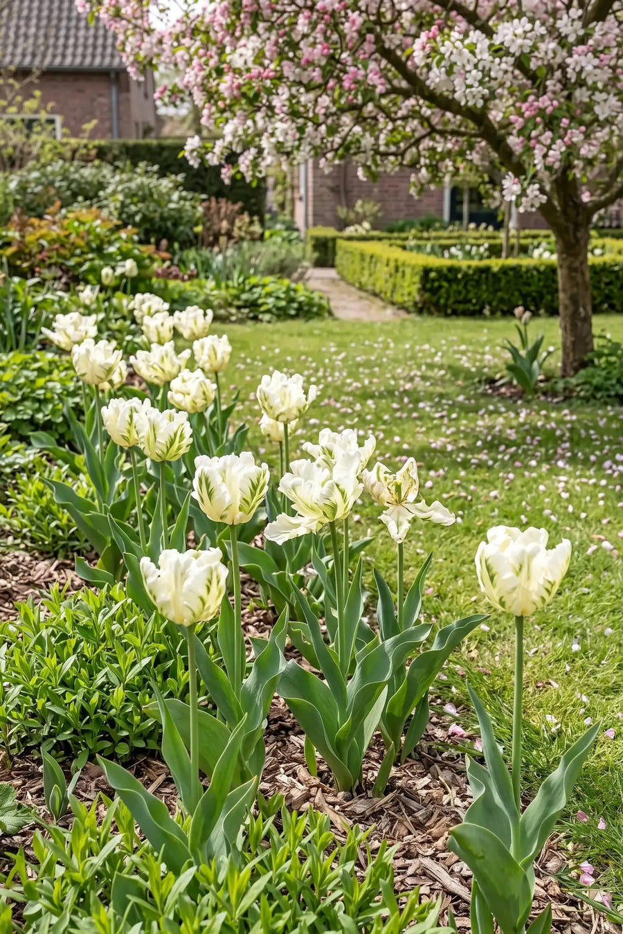 Tulipa Super Parrot — groep in de tuinborder, extra beeld